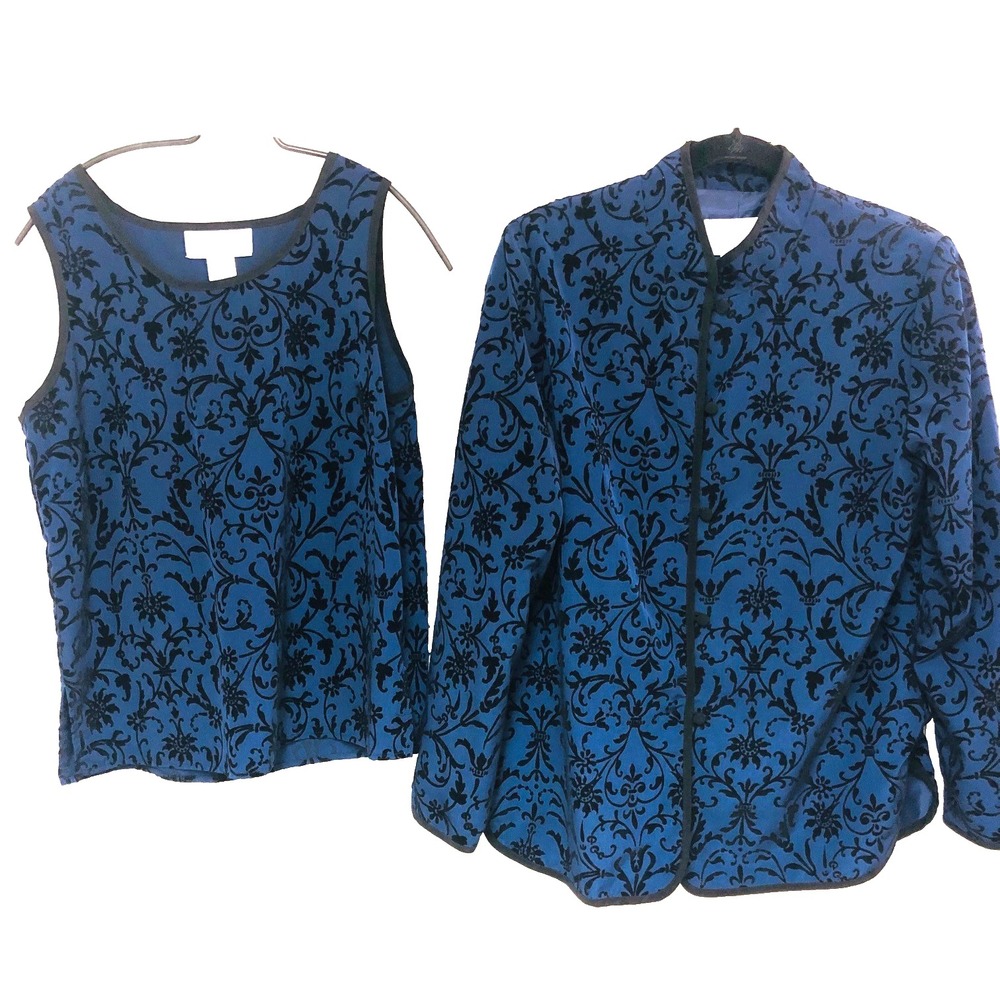 Vintage Susan Graver Womens Velvet Brocade Outfit Black Blue Old Money Mature  S